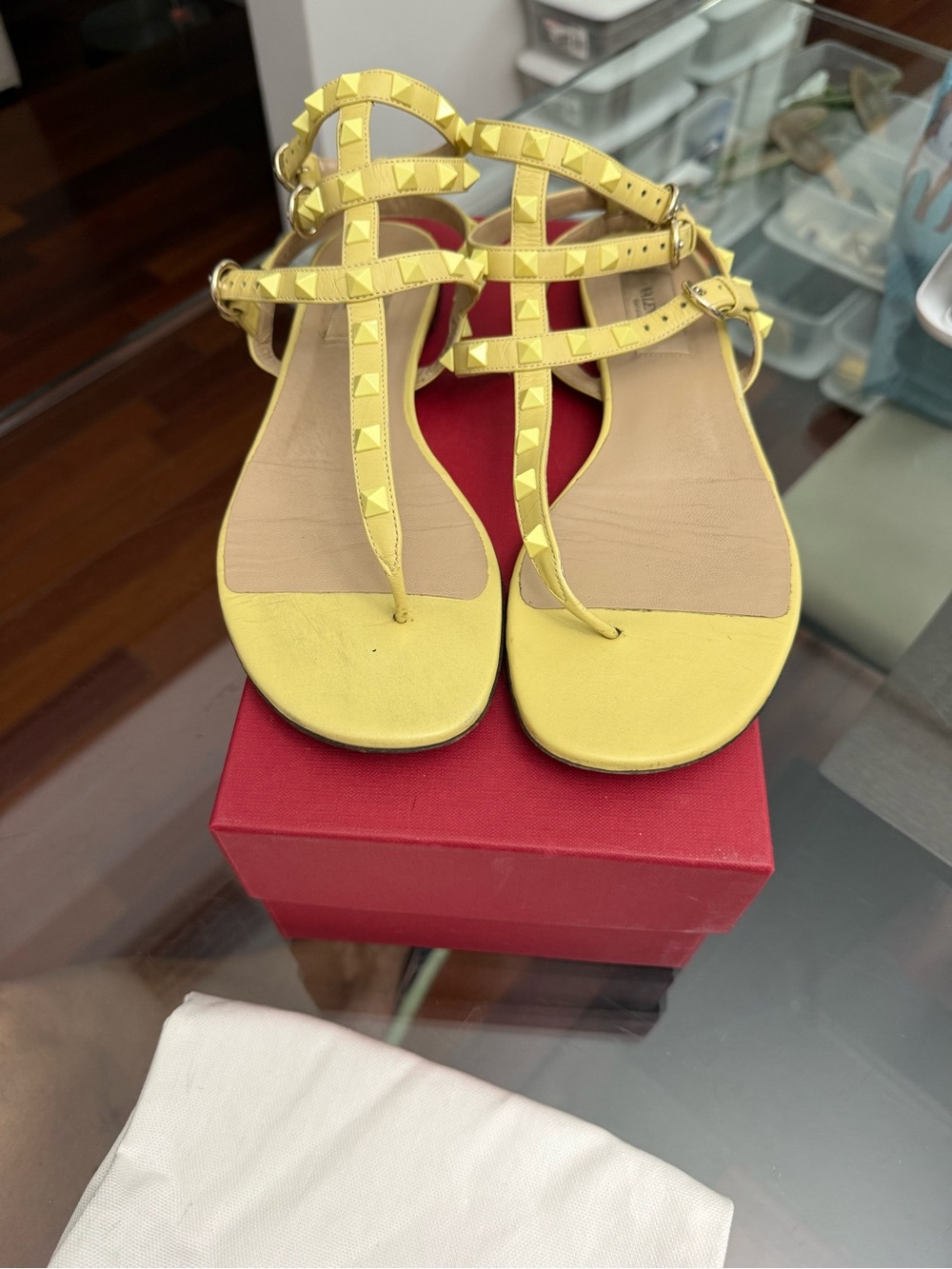 Valentino Garavani Yellow Rockstud T-Strap Flat Sandals
